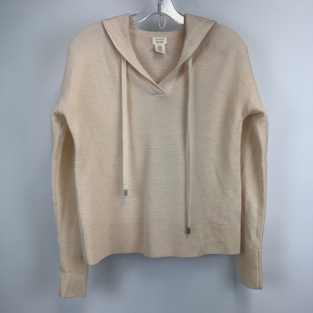 Aspen Womens XS Cream 100% Extrafine Merino Wool Knit Hoodie Sweater V-Neck